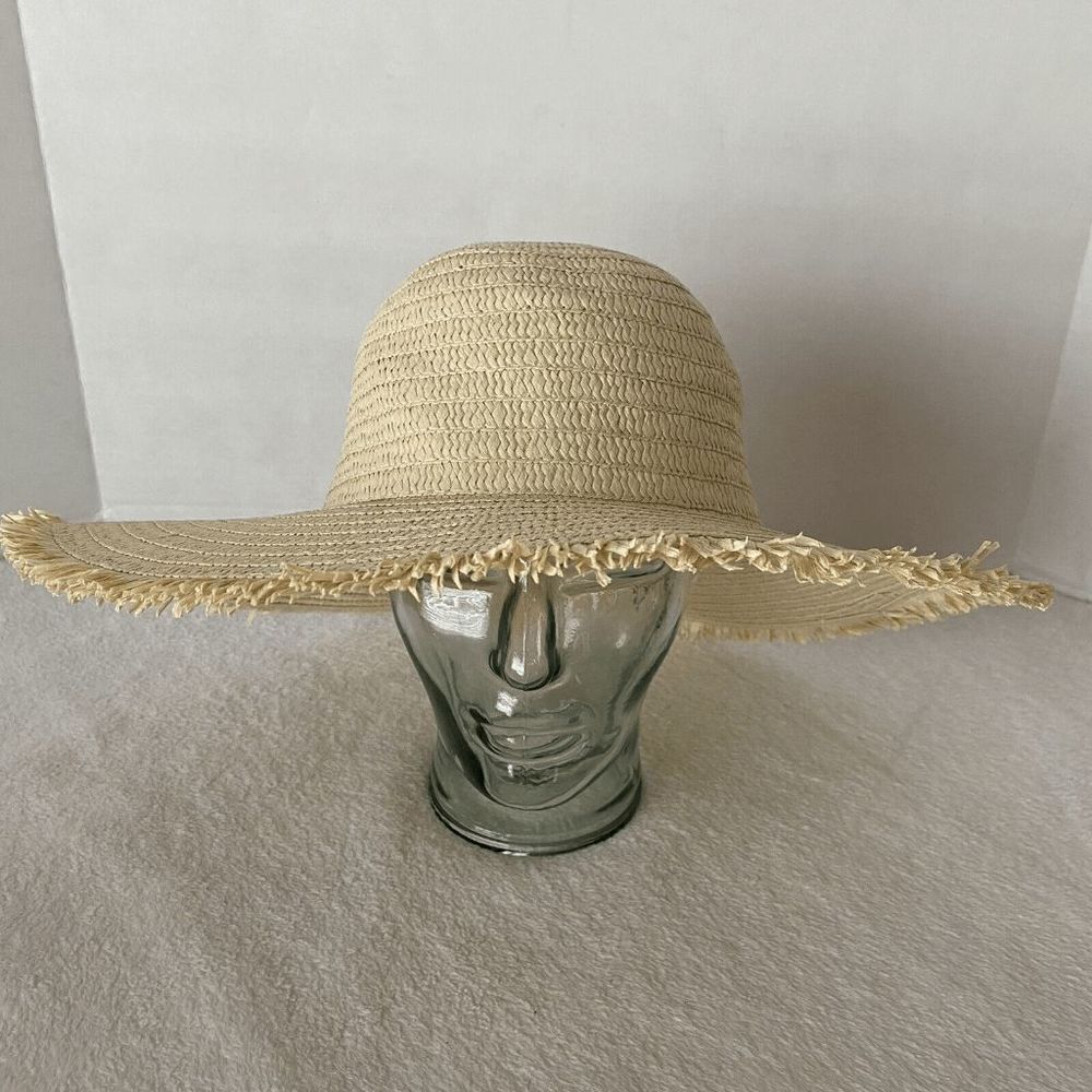 Women’s Cream Summer Floppy Sun Hat with Frayed Edges Vacation Travel Beach Hat